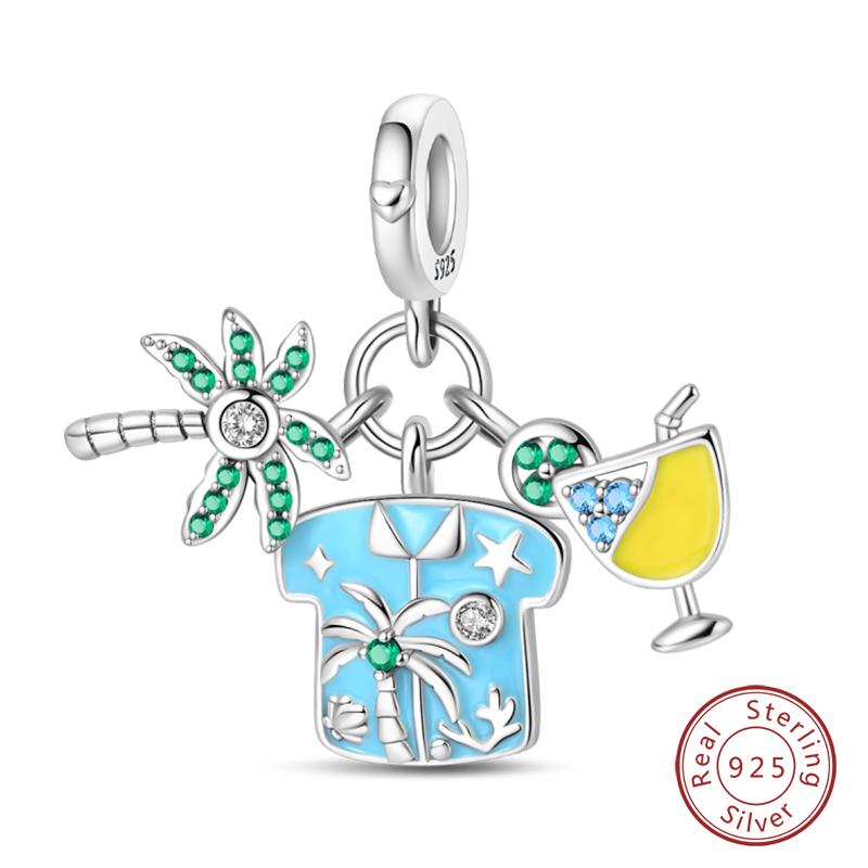 New Summer Day 925 Silver Seaside Sailboat Coconut Tree Sunglasses Camera Charms Beads Fit DIY Silver Bracelets Jewelry