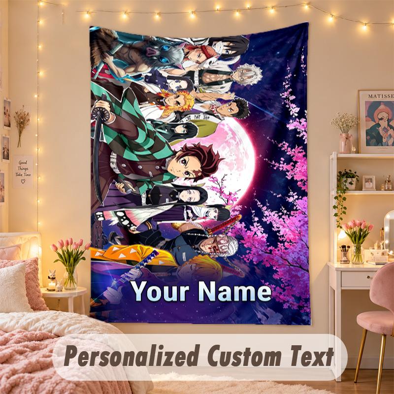 Custom Personalized Tapestry,Demon Slayer Print Custom Name Text Wall Art Hanging for Bedroom
