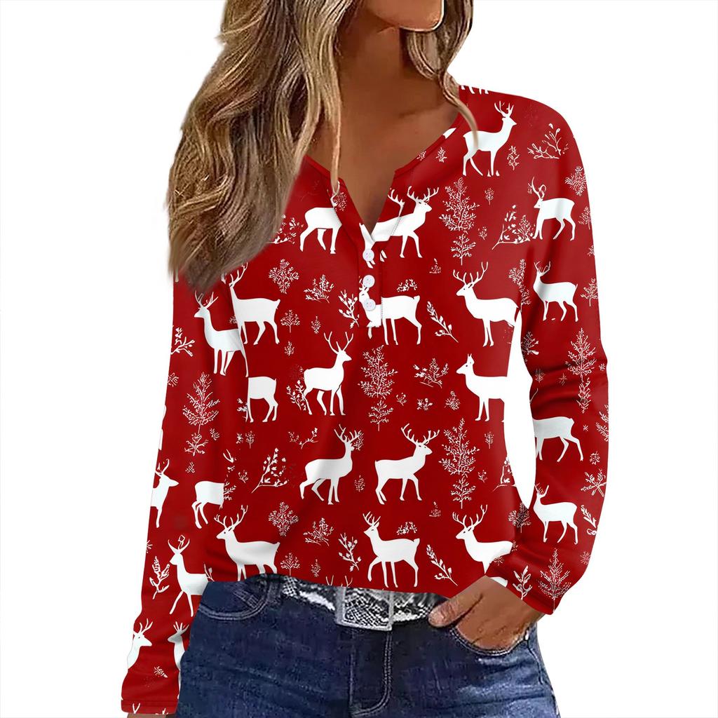 Женская футболка с рождественским принтом на пуговицах с длинным рукавом, повседневная, выходного дня, модная, базовая, с V-образным вырезом, обычная