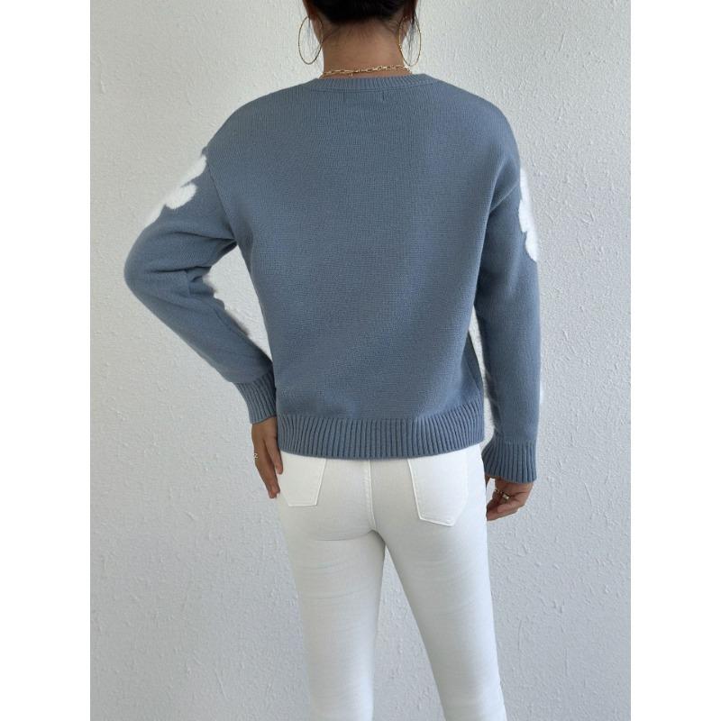 Женская мода повседневная осень-зима цветочный узор с длинным рукавом и круглым вырезом свитера