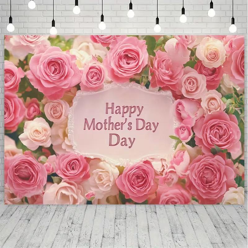 2D Happy Mother's Day Backdrop with Pink Roses Photography Background