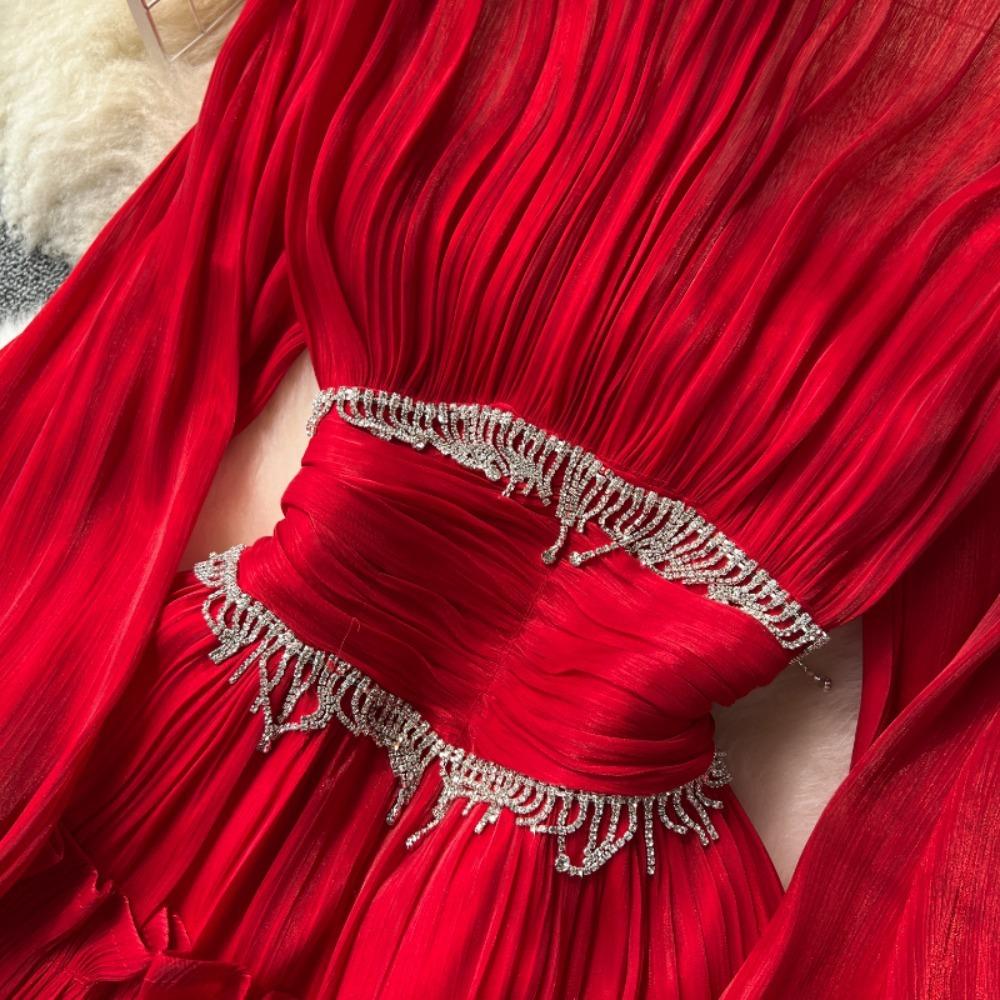 Новое элегантное платье с воротником-стойкой и рукавом-фонариком Mujer, облегающее платье с рюшами и большими качелями, тяжелый халат с кисточками и цепочкой, платье Moda во французском стиле