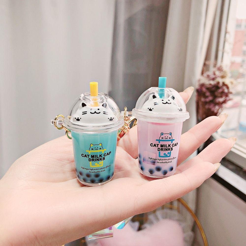 Bag Charm Cat Pearl Milk Tea Cup Keychain Key Chain Soft Drink Keyring Floating Drink Keyring