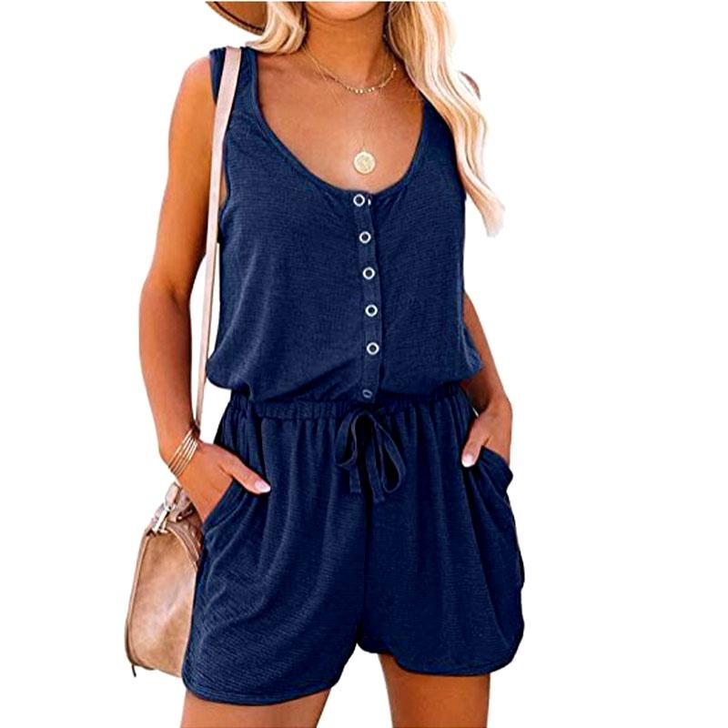 1pc Women's Summer Scoop Neck Sleeveless Button Down Tank Top Rompers Elastic Waist Shorts Outfits with Pockets
