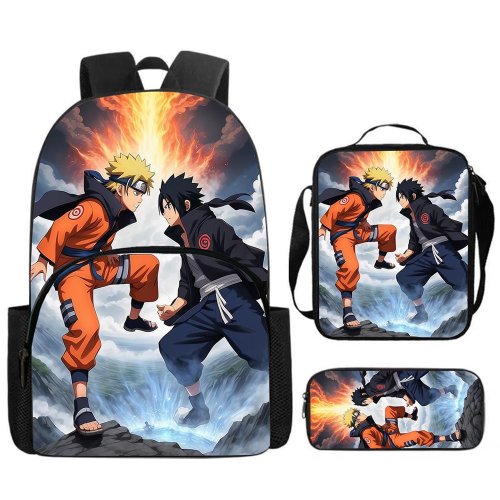 Набор из 3 предметов Школьный рюкзак NARUTO с передним карманом, Сумка для ланча и Пенал, Легкий и прочный для мальчиков и девочек от 6 до 10 лет