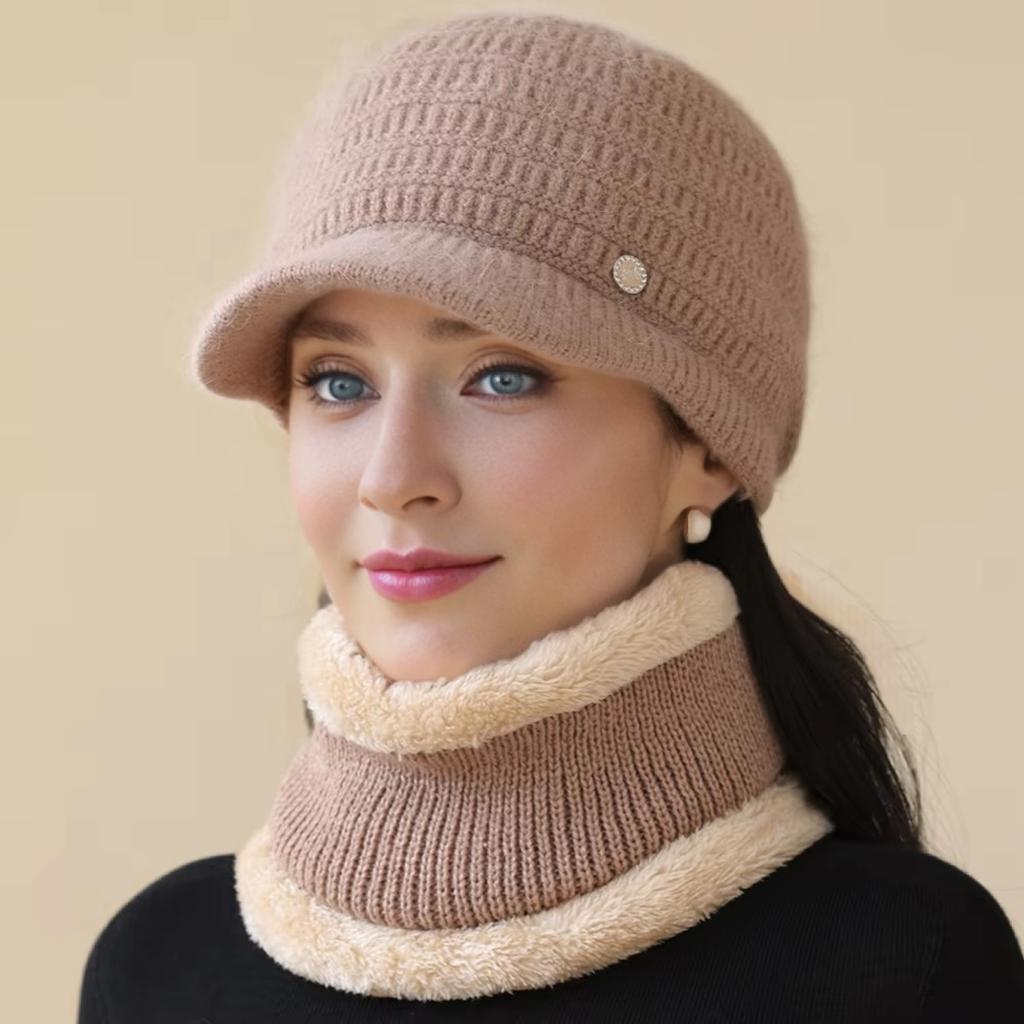 Новая женская зимняя шапка Модный теплый комплект Плюшевая подкладка из искусственного меха Теплые шапки для женщин Повседневная шапка-бини из кроличьего меха Зимняя уличная вязаная шапка Костюм