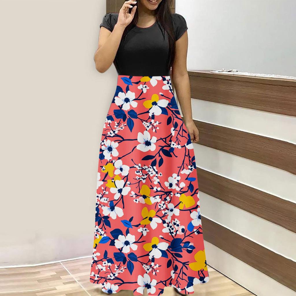 Женская мода повседневные свободные принтованные платья с круглым вырезом и коротким рукавом длинные платья с коротким рукавом длинные платья