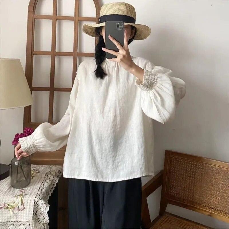 Johnature Simple Women Tops Shirts Spring Summer Casual Vintage Solid Color Loose Button Pleated Women Blouses