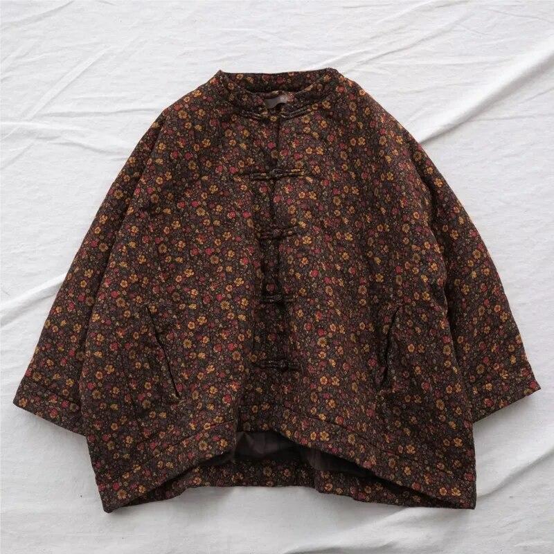 Johnature Women Bat Sleeve Corduroy Parkas Print Floral Winter Coats Warm Stand Button Clothes Winter Women Vintage Parkas