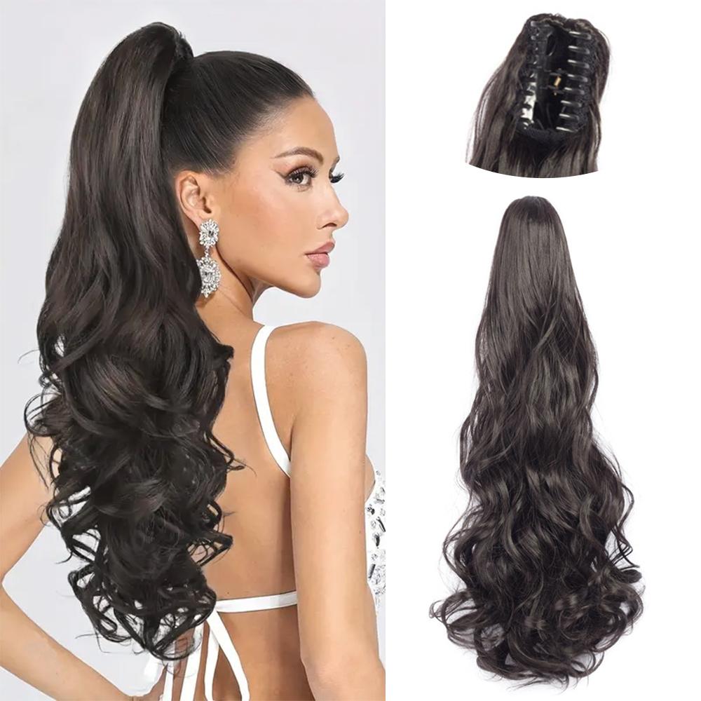 LISI HAIR Синтетический 24-дюймовый длинный вьющийся волнистый конский хвост с зажимом-когтем в универсальном накладном волосе черного коричневого цвета для женщин