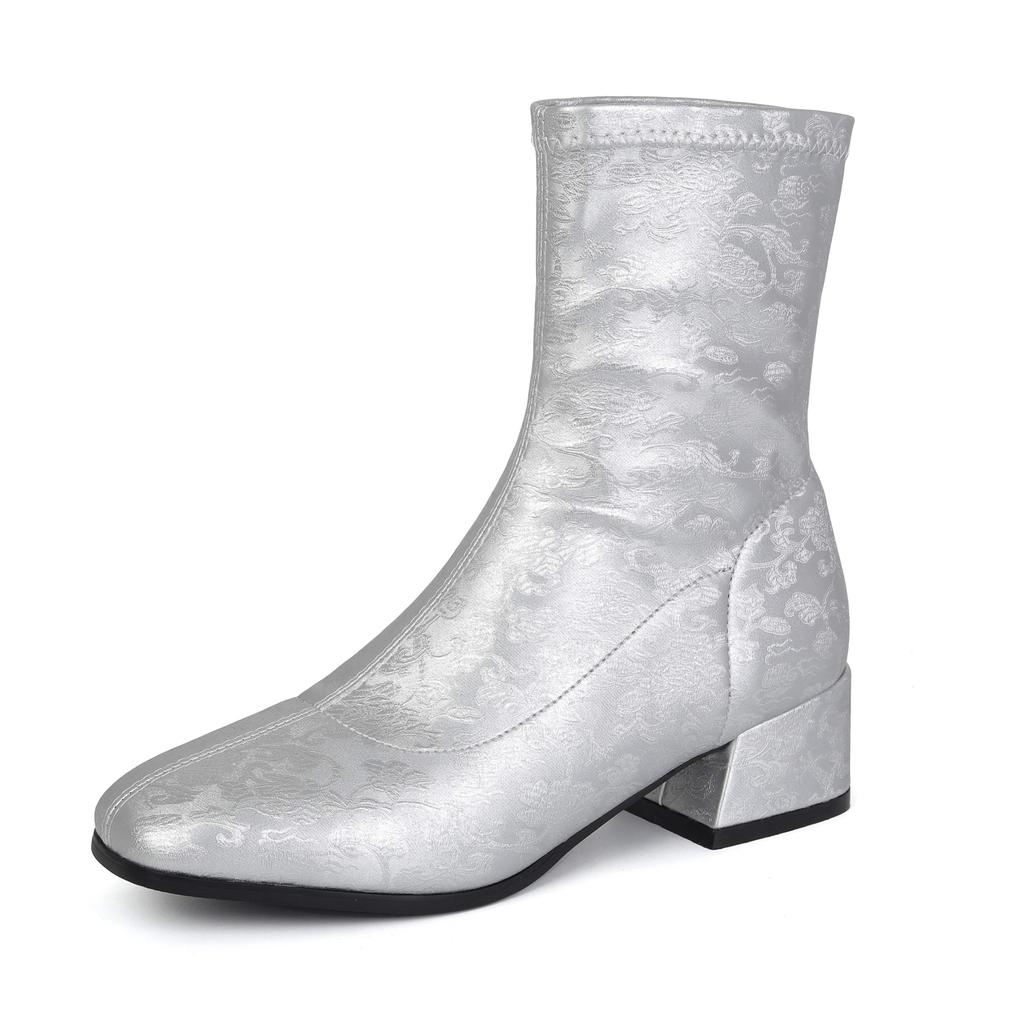 lenkisen PU Autumn Winter Shoes Thick Med Heels Printing Oriental Design Chelsea Boots Keep Warm Fashion Ankle Boots