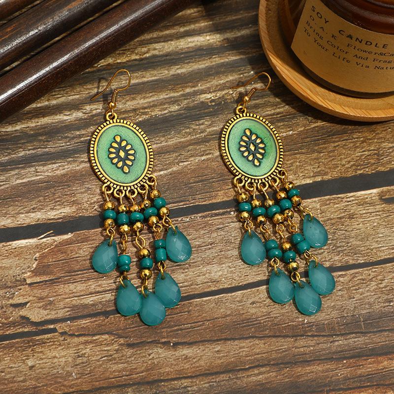 Bohemian Earrings, Water Drop Resin Dripping Oil, Retro Earrings, Fringed Personality, Niche Travel Pendant.