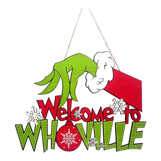 Christmas Hanging Sign Wooden Seasonal Door Wall Sign Santa Hat Green Elf Holiday Decor