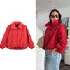 2025 New Button High Street Short Jacket Zipper Fashion Long Sleeve Red Coat Turn Down Collar Loose Overcoat Women's Outerwear