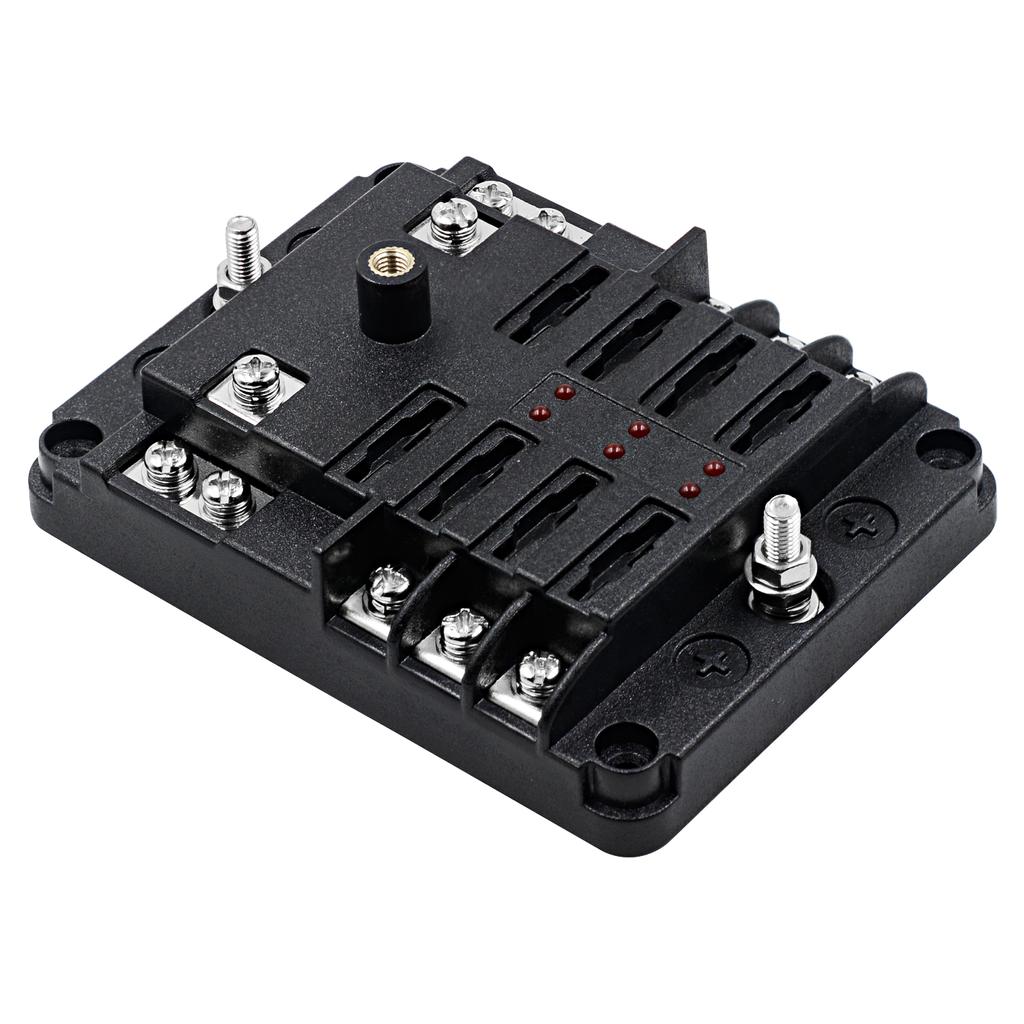 Waterproof 12 Volt Fuse Block, 6 Way with 6 Ground Negative Busbar[100 Amp Max] [ATC/ATO Fuses] [LED Indicator] [2 Spare Fuse Slots] for Car Boat Etc.
