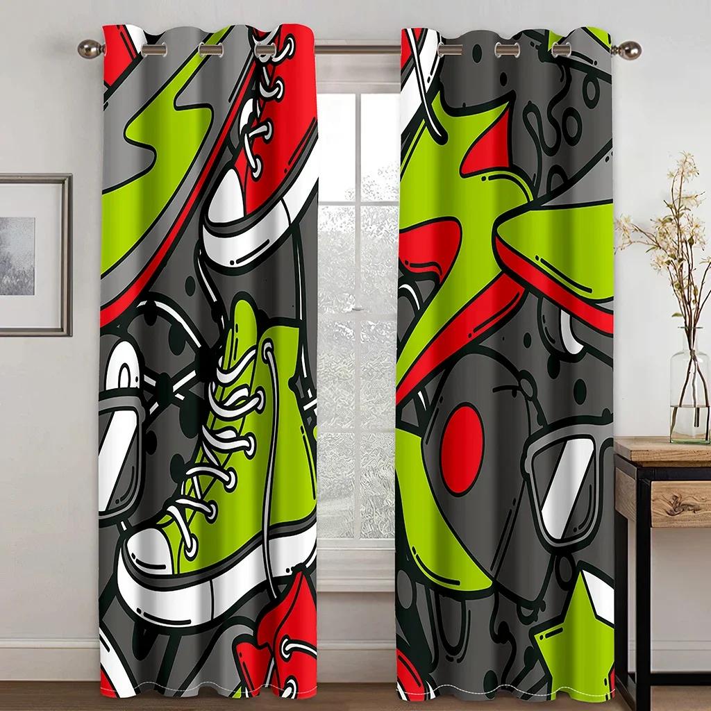 Кроссовки, граффити, шторы на окна в спальню для подростков, для детей, напечатанная ткань для оформления окон в гостиной, 2 панели