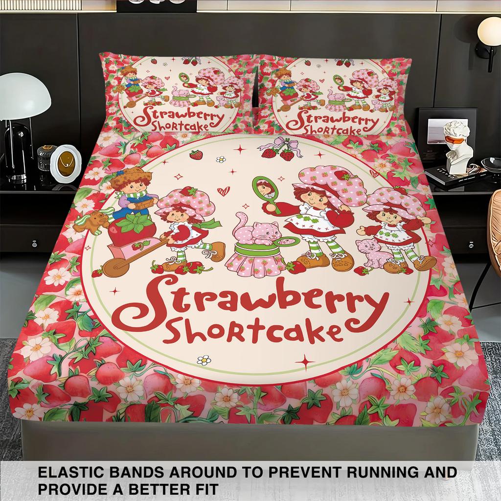 3pcs Pink Strawberry Girl Printed Chipless Bed Sheet Set Multi Size Soft Bed Cover Bedroom Bedding Decoration