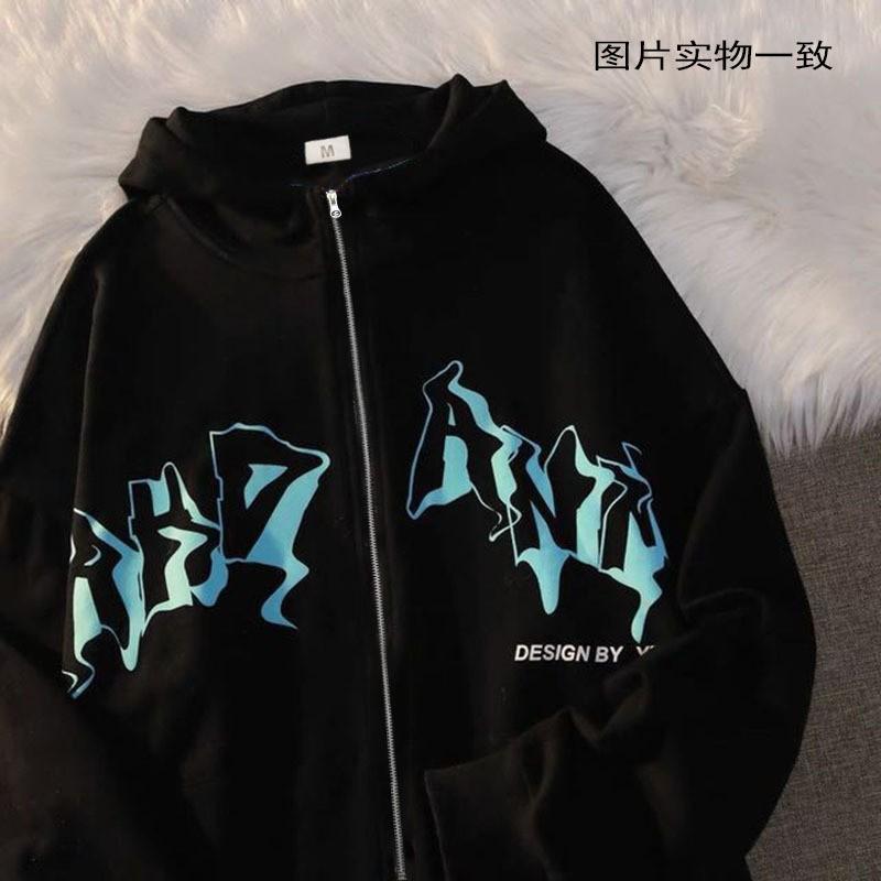 Mens Gothic Letter Print Hooded Zip-Up Sweatshirt Oversized Casual Winter Jacket