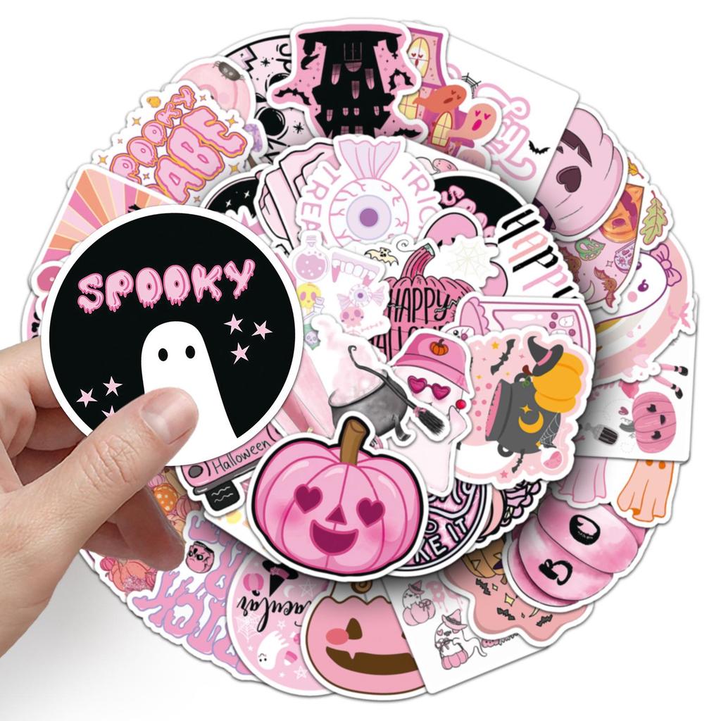 50 Pink Halloween Waterproof Stickers for DIY Cards, Journals, and Festive Decorations