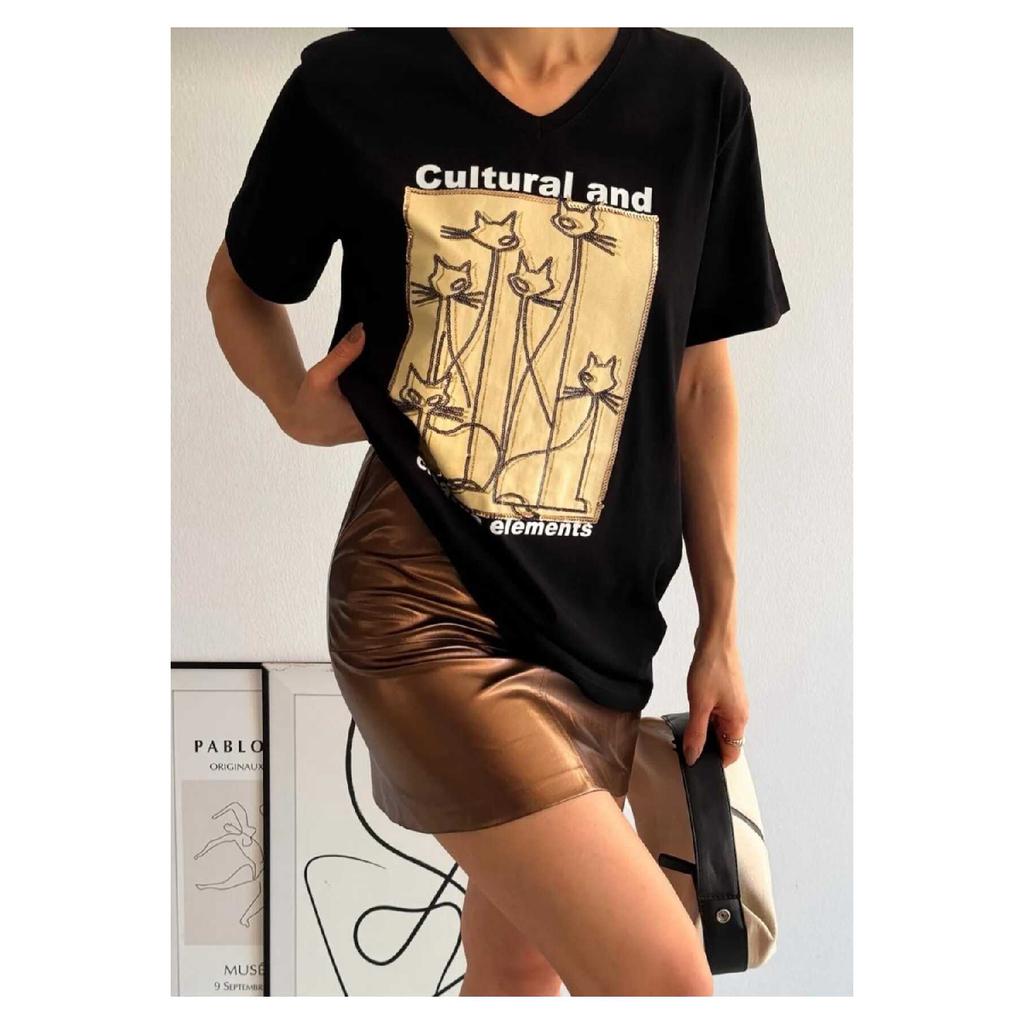 Женская черная футболка из 100 % хлопка с v-образным вырезом и вышивкой пайетками больших размеров