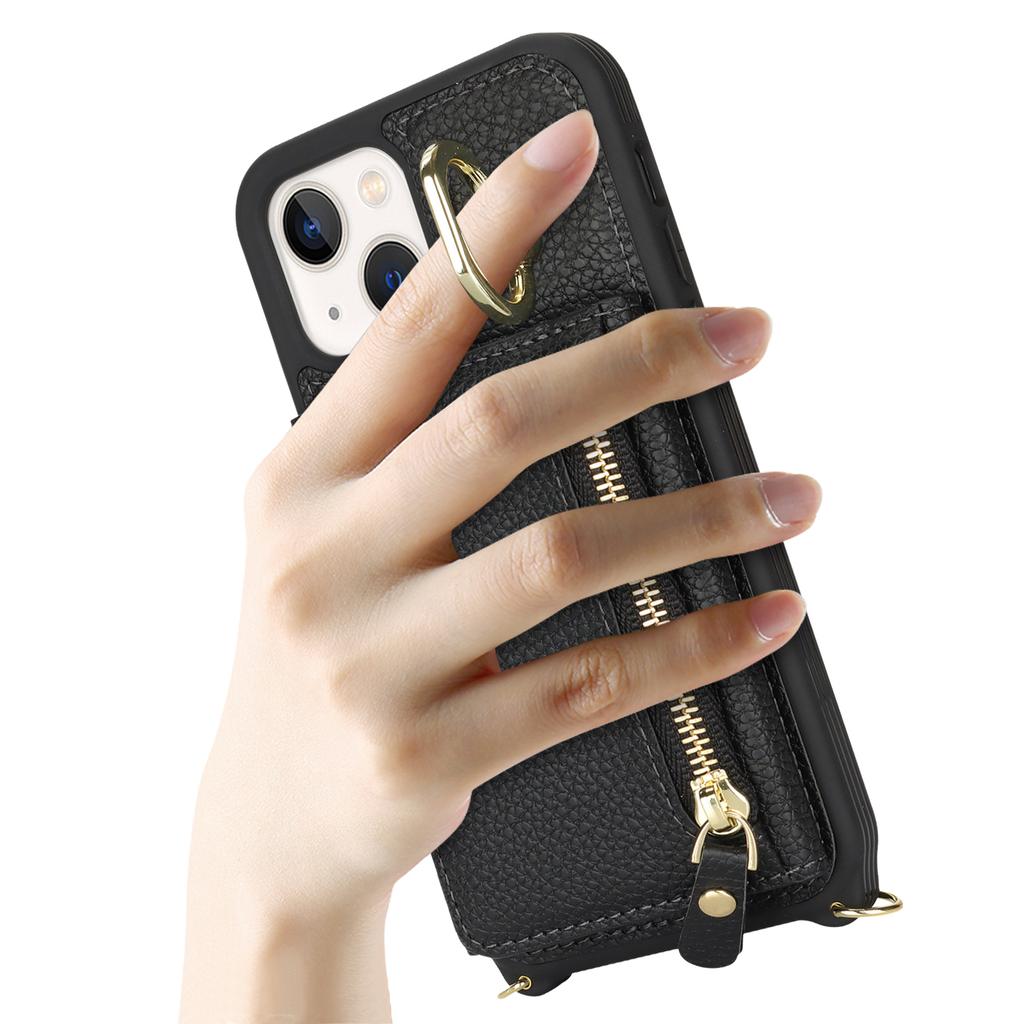 Для iPhone 13 mini Чехол Кармашек для карт Карман на молнии Кожа+ТПУ Держатель-кольцо Чехол для телефона с длинным ремешком