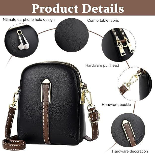 Stylish PU Leather Crossbody Bag for Girls, Women Sling Phone Bag Double Layer Daily Bag with Detachable Shoulder Belt Small Sling Zipper Bag