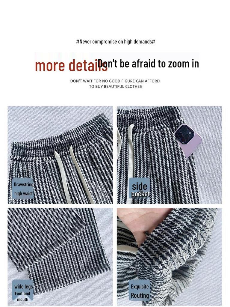High-Quality Women's Retro Striped Wool Pants - Autumn/Winter Casual High-Waisted Slimming Straight-Leg with Wide-Leg Drape