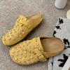Fashion Flat Shoes Spring New Style Round Head Cow Suede Crystal Rivets Metal Buckle Soft Sole Anti-slip Wear-resistant Slippers
