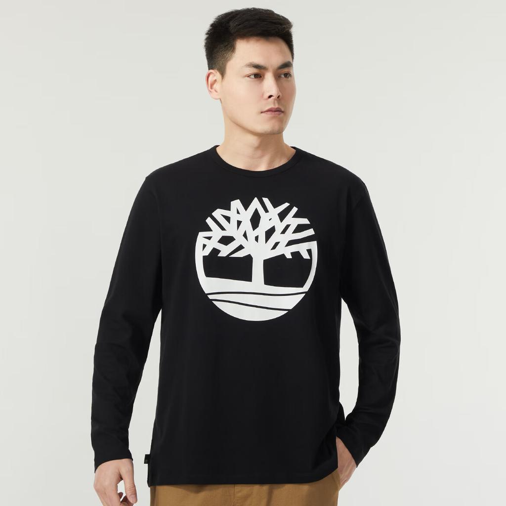 Timberland Tree Logo Print American Vintage Outdoor Sports Casual Comfortable Breathable Loose Crew Neck Long Sleeve T-Shirt Men Tops Black A2Q9U-001