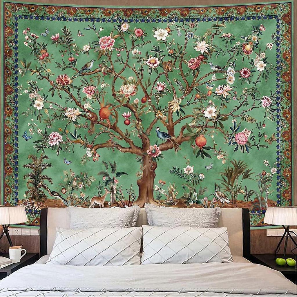 Boho Tree of LIfe Tapestry, Vintage Flower Leaves Birds Plant Animal Pattern Tapestries, Retro Indian Bohemian Aesthetic Wall Hanging Green