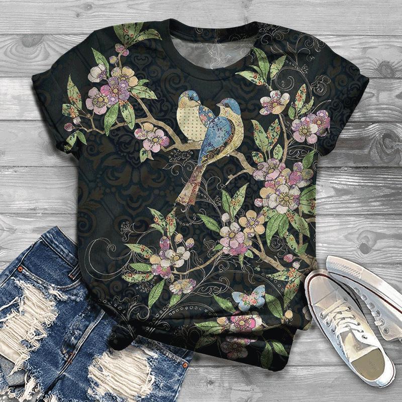 Лето Новая Птица 3D Принт Женский Топ Свободный Короткий Рукав Свободная Повседневная Футболка
