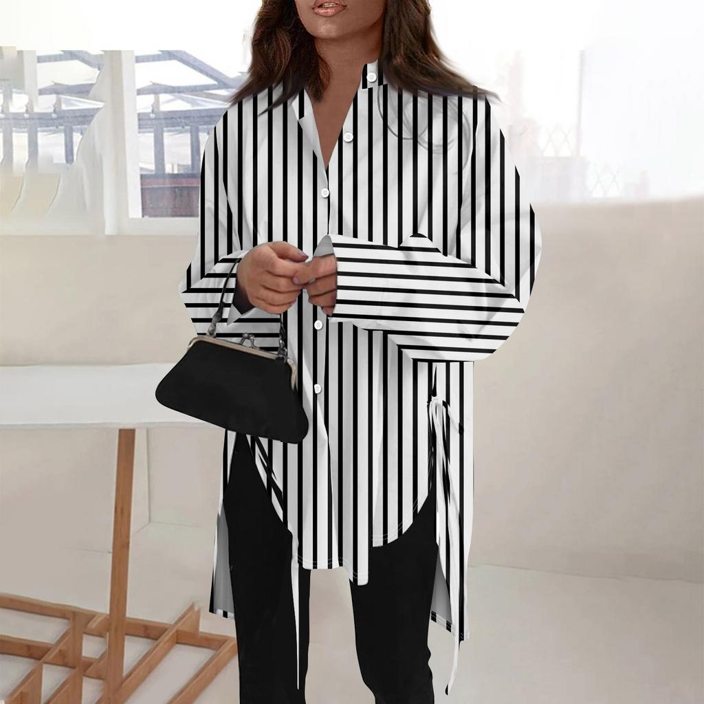 Модная повседневная однотонная рубашка с длинными рукавами и лацканами свободного типа для женщин