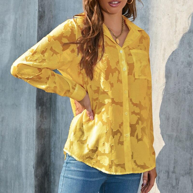 Fashion Jacquard Chiffon Elegant Shirt Office 2023 Lace Ladies Casual Blouses For Women Long Sleeve Loose Lapel Tops Mujer 27130