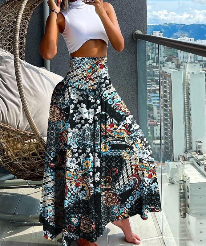 Women Casual Loose Boho Elastic Waist A-Line Beach Flowy Swing Vacation Floral Printing Maxi Skirt