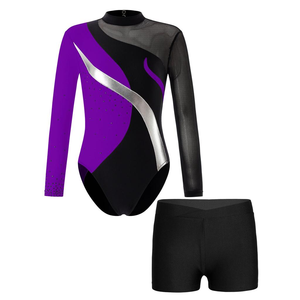 Детский костюм для фигурного катания на коньках для девочек, гимнастический костюм со стразами и открытой спиной, лоскутное трико с длинными рукавами и шортами