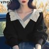Women Casual Ruffle Lapel Long Sleeve Contrast Color Knitted Sweaters
