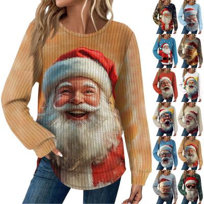 Женская Мода Повседневный Свободный Топ с Круглым Вырезом и Длинным Рукавом с Рождественским Принтом