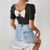 Women's Round Neck Pleated Puff Short Sleeve T-Shirt Bow Top