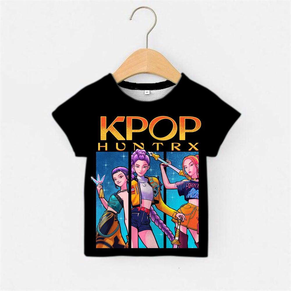 Девочки KPPOP Серия Huntrix Футболка с коротким рукавом Сладкая мультяшная 3D-печать Детская футболка Мода Отпуск Повседневный Спортивный топ