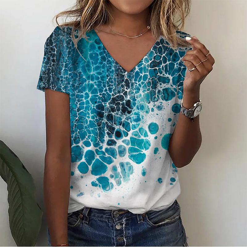 Summer V-neck 3D Infauna Printed Top Fashionable Casual Short Sleeved Women's T-shirts