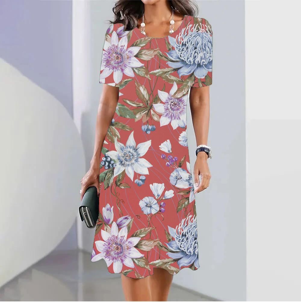 Платья для женщин больших размеров Boho с коротким рукавом и круглым вырезом с цветочным принтом и круглым вырезом миди-платье Элегантные женские платья для отдыха