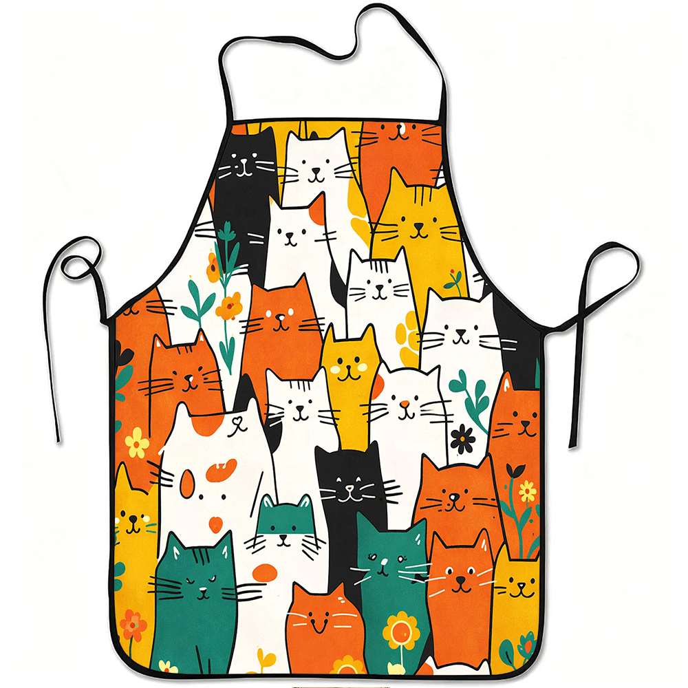 A Colorful Cartoon Cat Print Apron, Durable and Easy to Clean, Made of Polyester, Suitable for Kitchen Cooking, Gardening, Orchard Picking, Christmas,