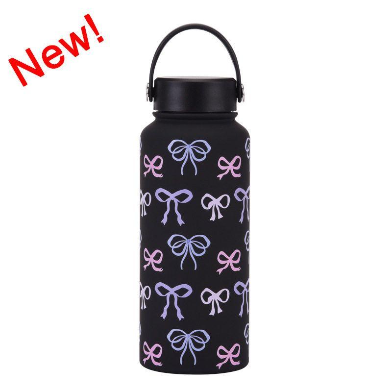 2025 New Model 1L Large Capacity Thermos Cup with Wide Mouth, Portable Handle, Sports Water Bottle, Outdoor Printed Water Cup for Women
