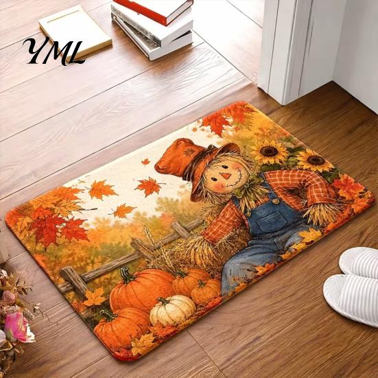 Holiday Home Decoration Halloween Pumpkin Door Mat, Fall Seasonal Welcome Non-slip Farmhouse Festive Porch Rug Entrance for Front Entryway Kitchen