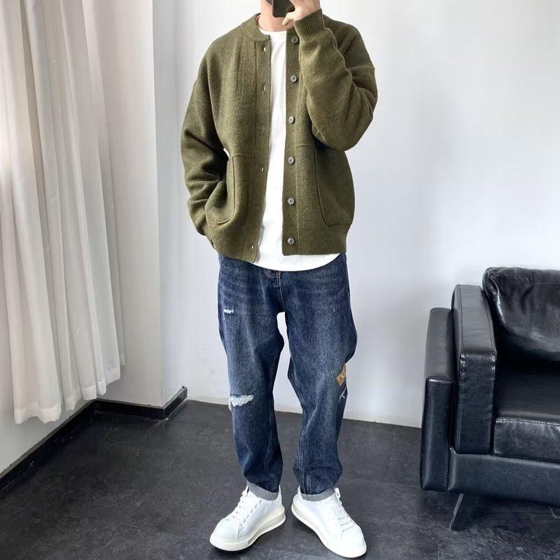 Трикотаж мужской осенне-зимний модный однотонный простой утолщенный дизайн молодежный свитер куртка