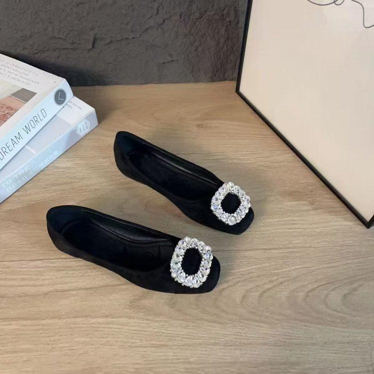 French thick black aesthetic rhinestone shallow mouth single shoes new spring thick heel ladyshoes flat Mary Jane shoes with skirt