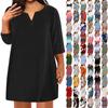Women's Fashion Large Size V-Neck Seven Sleeve Casual Solid Color Loose With Pockets Dresses