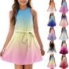 Летнее платье для девочек Платье без рукавов на бретельках Однотонное платье без рукавов с принтом Повседневное платье