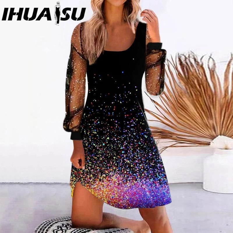 IHUASU Женская мода весна осень однотонный принт длинный рукав U-образный вырез высокая талия повседневные платья