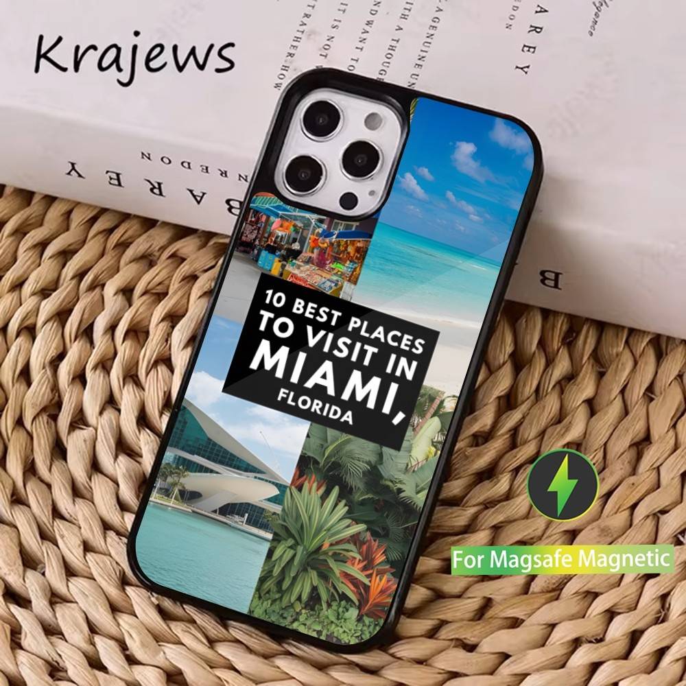 Летний Арт Майами Флорида Чехол для Телефона Для iPhone 16,15,14,17,13,12,11,Pro,Max,Plus,Mini, Magsafe,Магнитный Беспроводной Зарядный Чехол